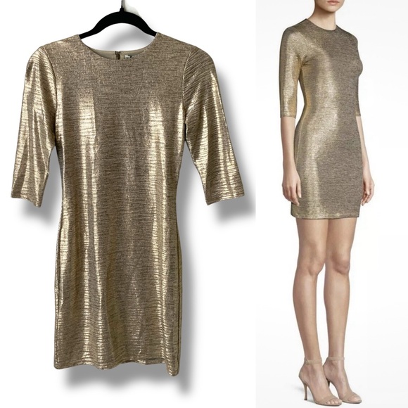 NWT ALICE + OLIVIA Delora Metallic Dress Gold Glitter Cocktail Party Size 2 - Picture 1 of 15